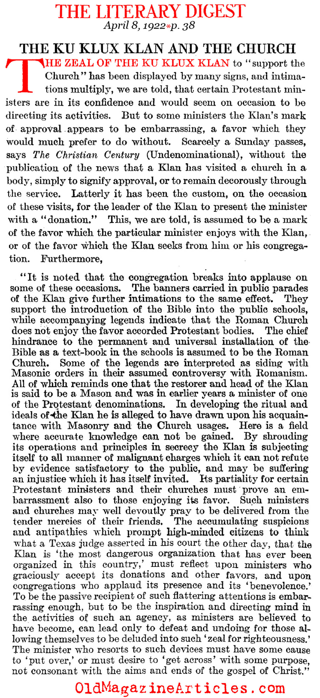 The Klan Influence Within the Protestant Churches (Literary Digest, 1922)